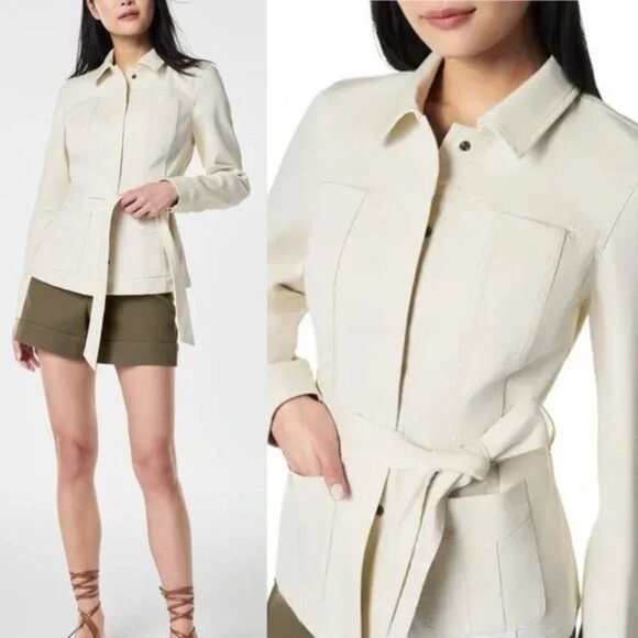 SPANX Stretch Twill Shacket Shirt Jacket Eggshell Belted Women's Size 1X NWT - Picture 1 of 12